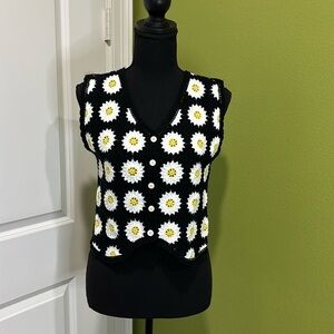 Lulla Collection Daisy Crocheted Black White Yellow Sweater Vest O/S NWT